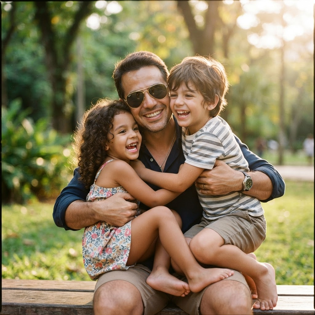 Pai sorrindo com óculos de sol estilo aviador abraçando seus dois filhos ao ar livre